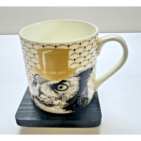 Stechcol Gracie Bone China Coffee Mug featuring an Owl with Gold Top Hat - Picture 1 of 5